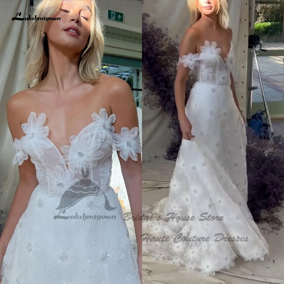 

Lakshmigown Luxury Froal Lace Boho Wedding Dresses 2024 Vestido Novia Civil Beading Beach Bridal Gowns Off The Shoulder