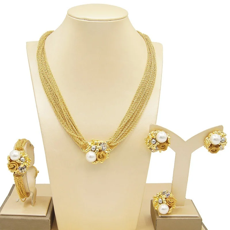 

Yulaili Pearl Rose Flower Multi-Chain Jewelry Set Gold Plated Alloy Dubai Party Necklace Earrings Bracelet Ring HV211206