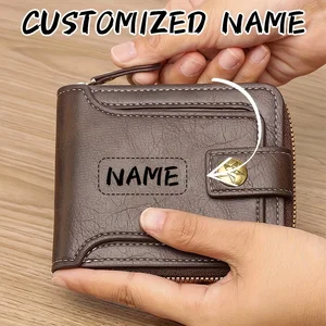 Custom Name Men's PU Wallet, Compact Metal Texture Zip Card Case with Coin Pocket, Personalized Gift, Fashion Daily Accessory