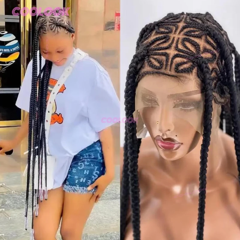 Peluca trenzada Cornrow en forma de corazón, trenzas sintéticas de caja de encaje completo de 36 pulgadas para mujeres