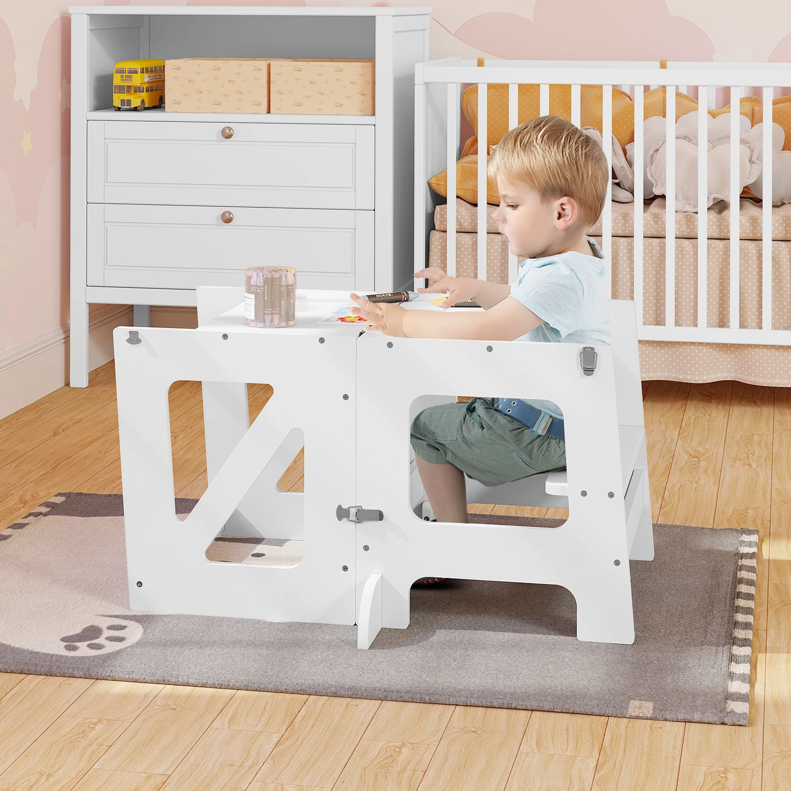 Taburete 3 en 1, mesa para niños, torre de aprendizaje Montessori plegable para niños, ayuda de cocina con protección contra caídas