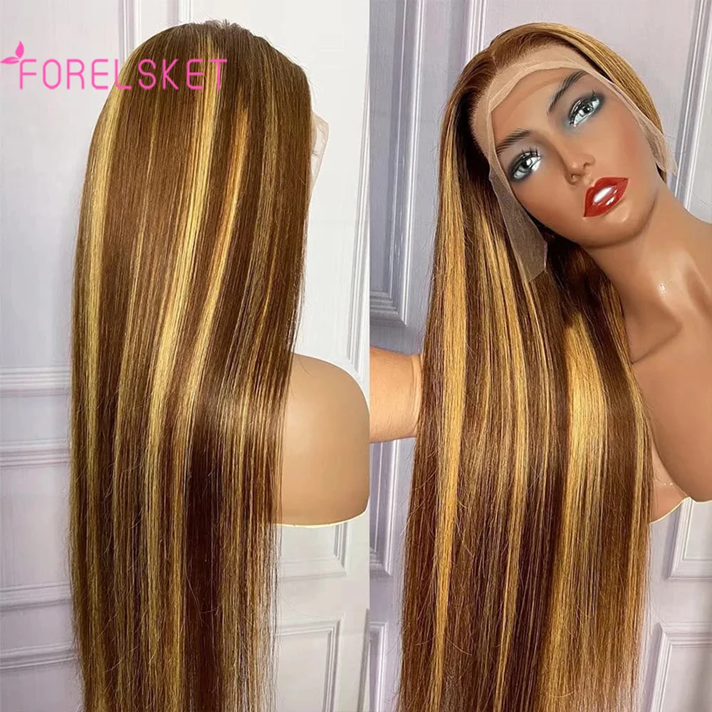 Wig lurus 32 inci rambut manusia depan renda 13x4 Wig Frontal renda Wig berwarna Pirang madu 180% Remy Brasil untuk wanita