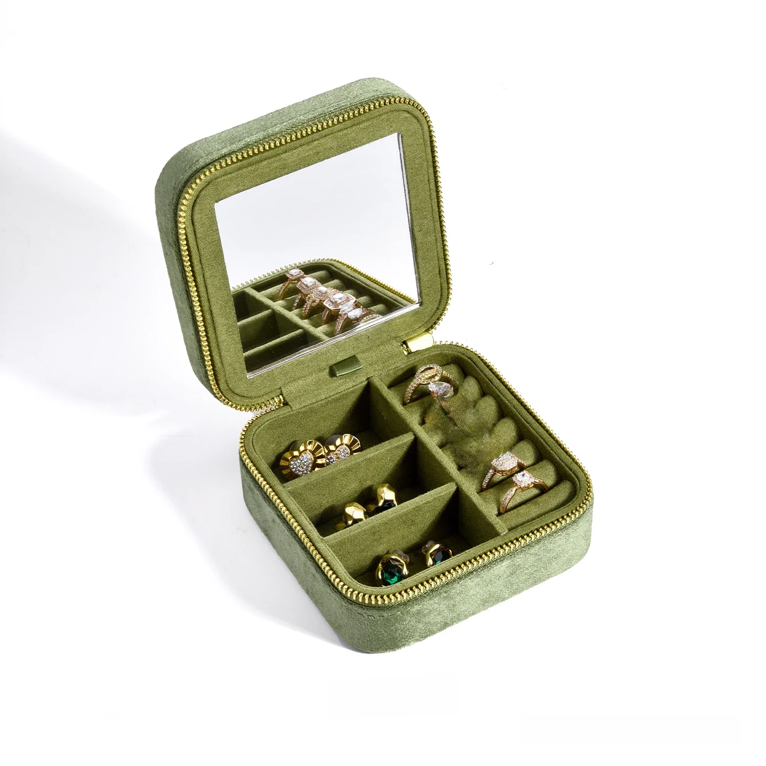 TAIMY Vintage Velvet Travel Jewelry Storage Ring Box Flip with Mirror Organizer Support Logo Custom Retro Green Jewelry Box — zdjęcie 2