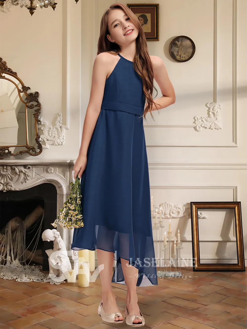 Elegant A-Line Halter Knee Length Chiffon Junior Bridesmaid Dress Pleated Silver Flower Girl Dress Girls Party Wedding Formal