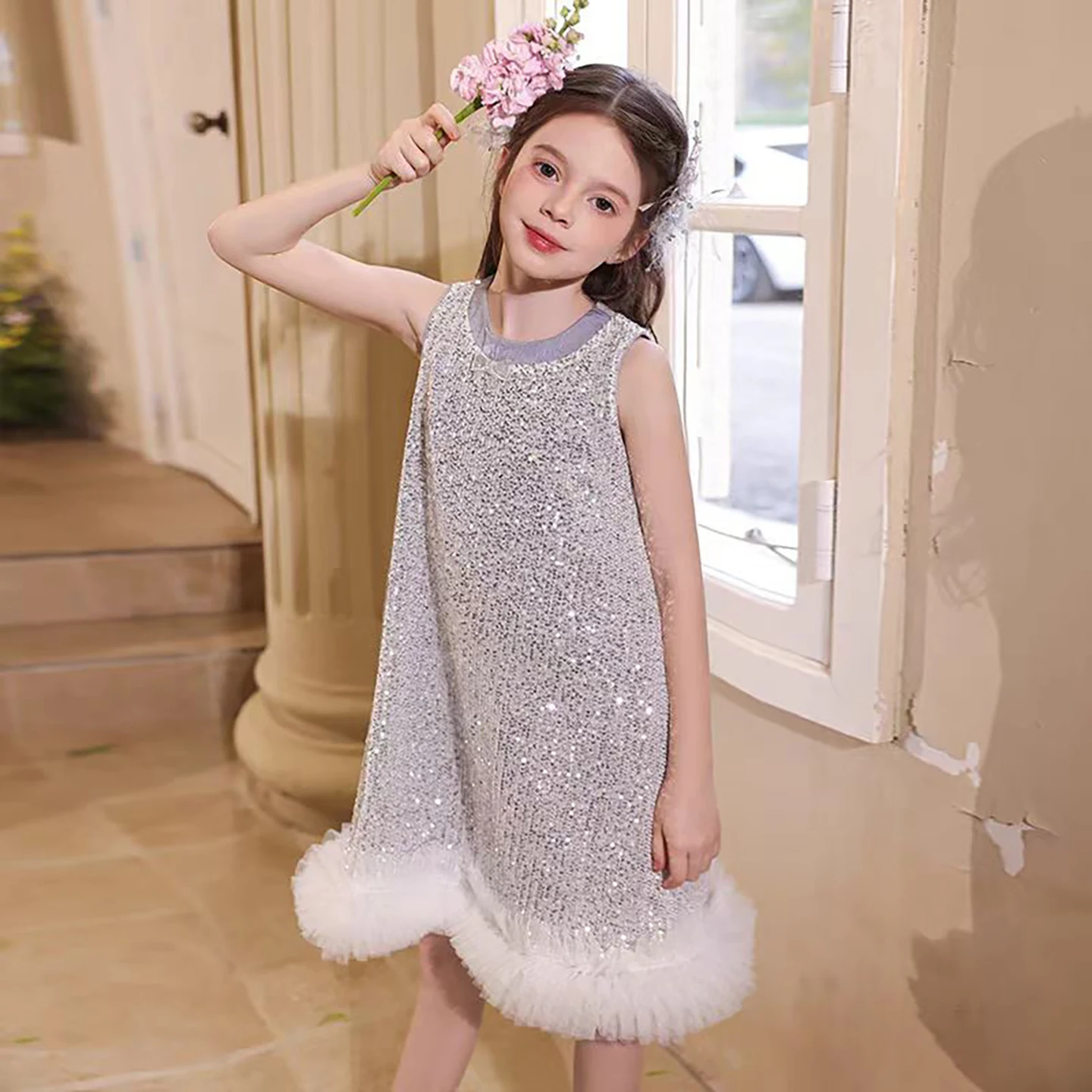 Dreamy Vow D062 Abito da ragazza di fiore in pizzo con paillettes senza maniche o-collo di lusso per bambini Festa di nozze Festa serale Lunghezza al ginocchio Prom