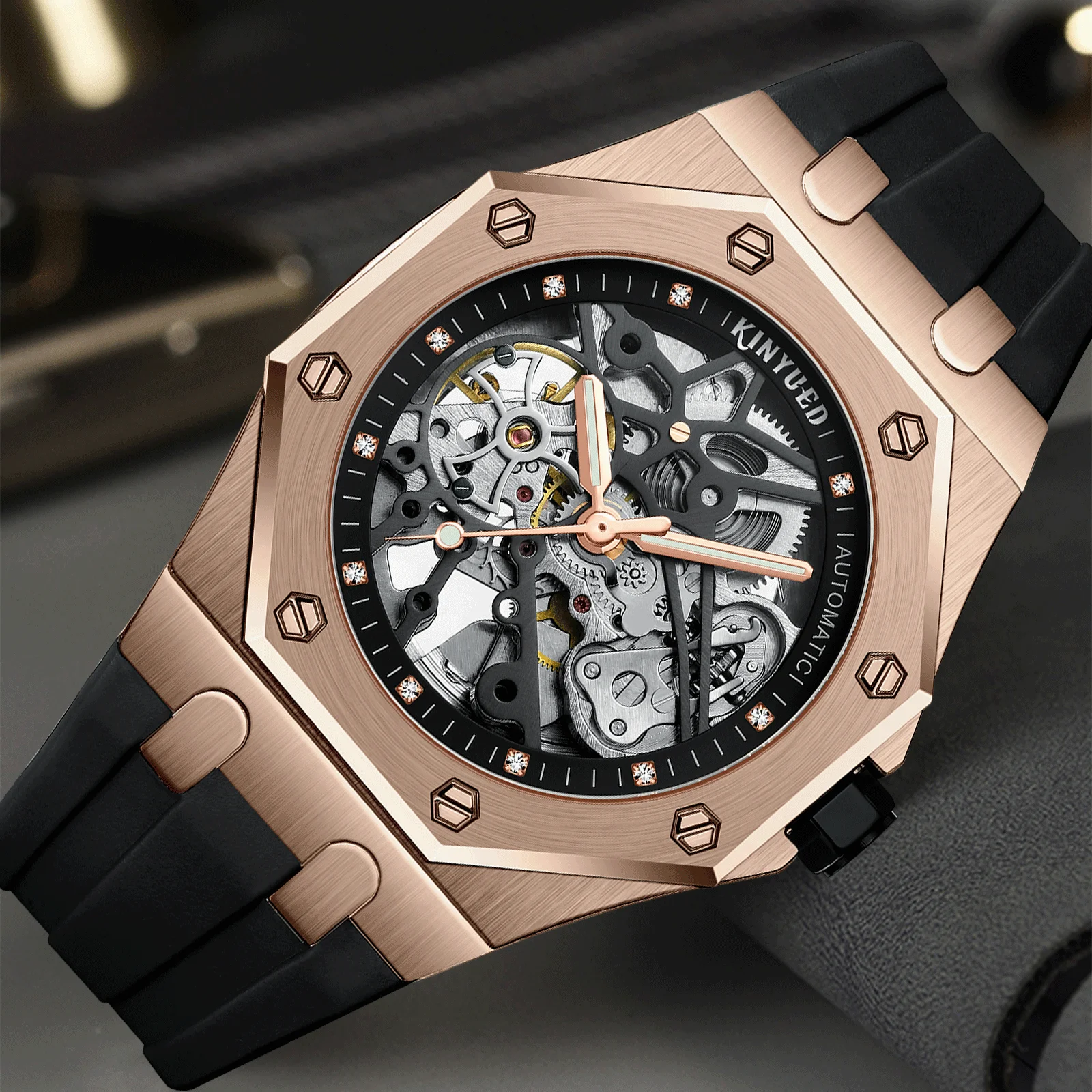 Luxury Brand Rubber Band Skeleton Dial See Through CaseBack Men Automatic Mechanical Watch