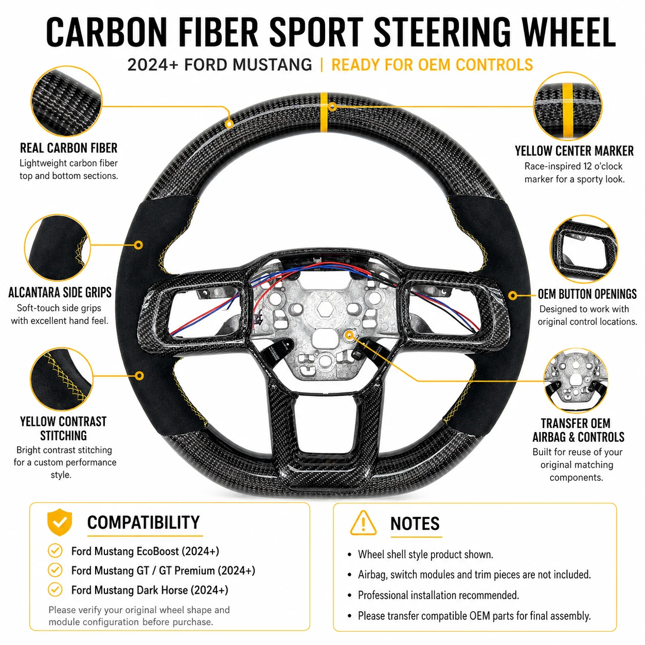 For Ford Mustang S650 GT 2024-2026 Yellow Stripe Carbon Fiber Alcantara Flat Bottom Steering Wheel