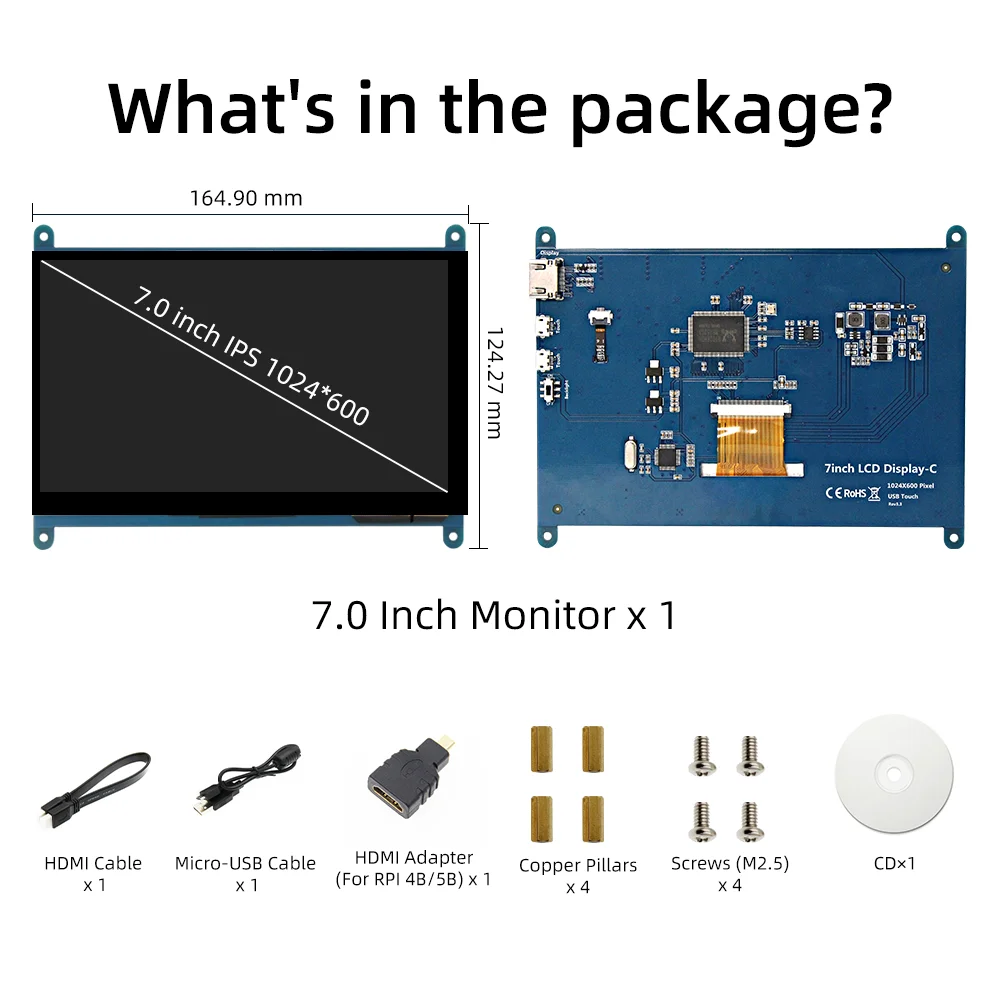 iPistBit 7 Inch IPS TFT LCD Display Touch Screen Monitor 1024*600 HDMI Capacitive Touch Screen for Raspberry Pi 5 4B 3B+ AIDA64