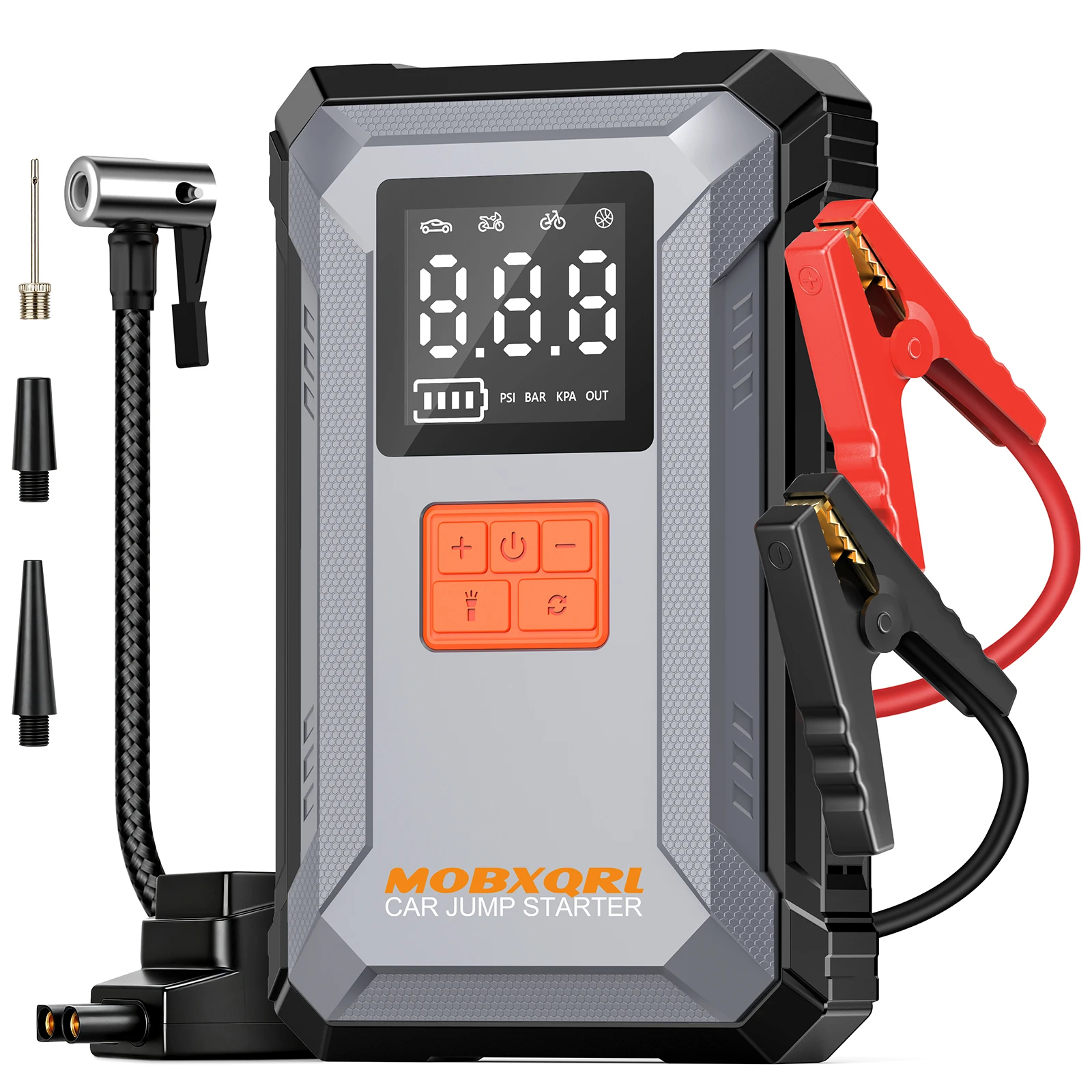 MOBXQRL Car Battery Starter 3000A Peak Car Jump Starter 12V Car Battery Jump Starter, 150PSI Digital Tire Air Compressor Inflator, All-in-One Portable Emergency Box with Fast Charge USB Port, LED Flashlight for Gas Diesel Car,Booster for Starting Cars ﻿