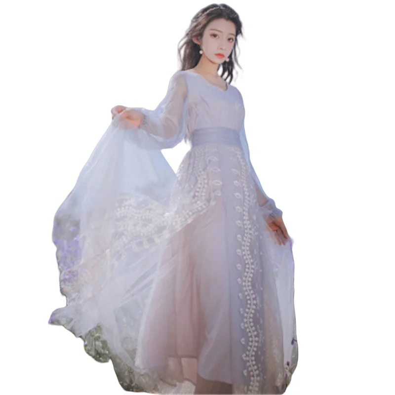 Summer new light blue heavy industry sequined mesh embroidery stitching long-sleeved V-neck temperament dress