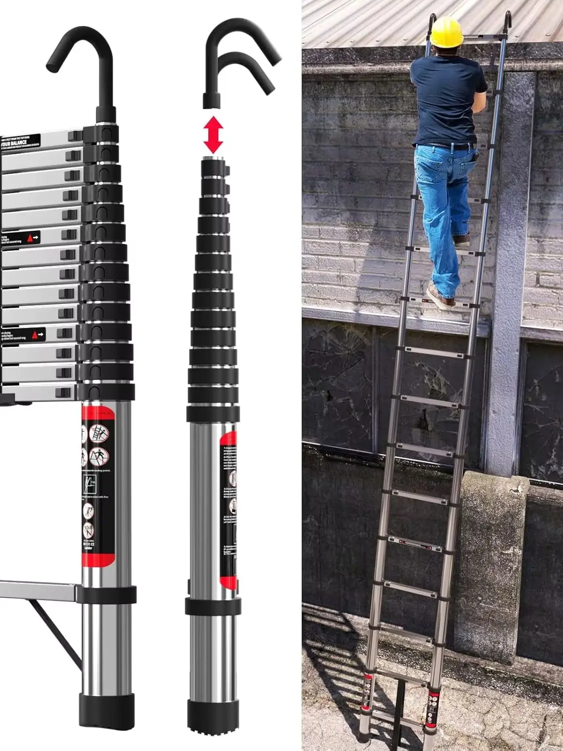 Nowa drabina teleskopowa 4,4 m/5 m z 2 odłączanymi haczykami, wytrzymała stal nierdzewna, standard EN131, udźwig 150 kg — 2