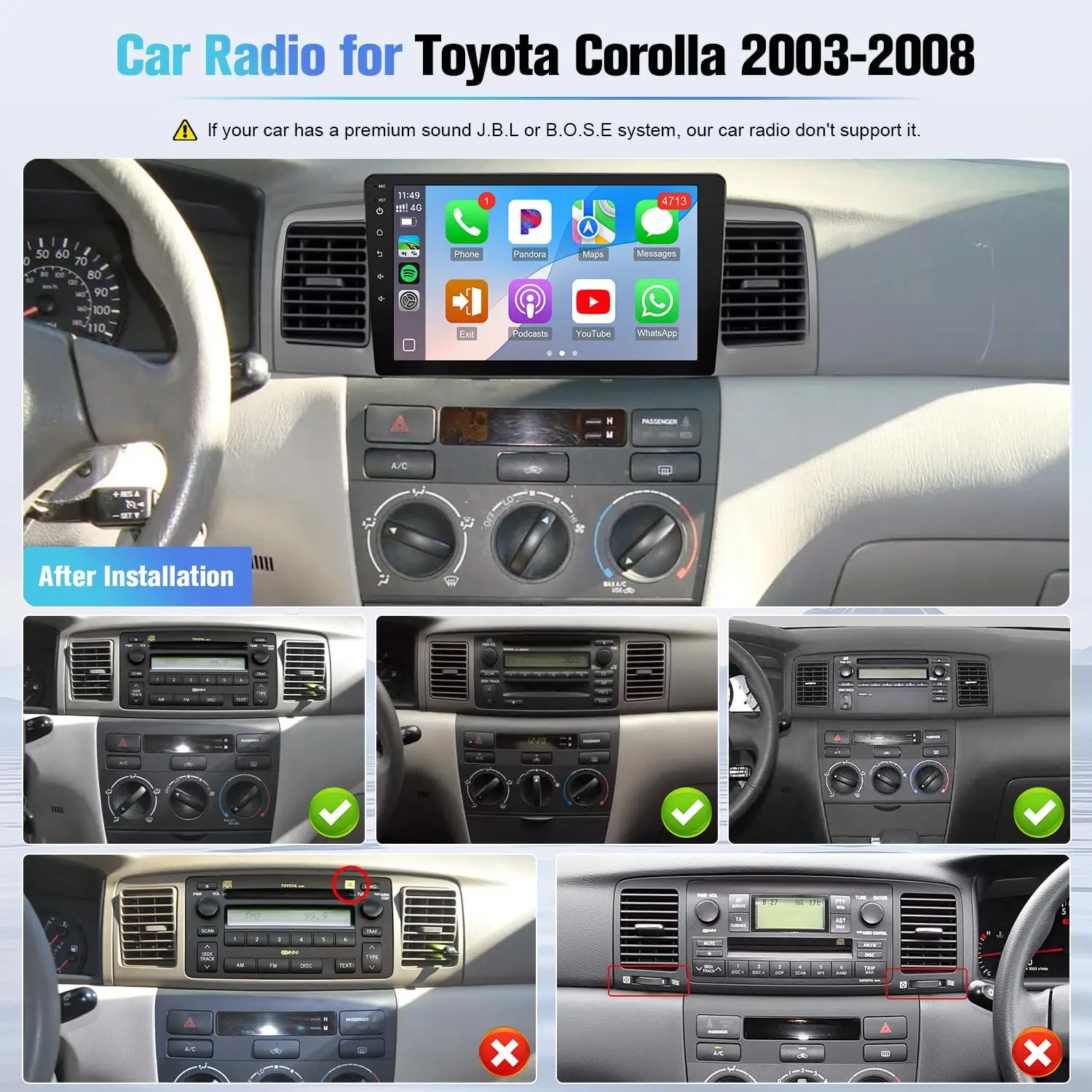 Tela de toque de 9 polegadas para Corolla 2003 2004 2005 2006 2007 2008 Estéreo de carro com GPS/Bluetooth/FM/WiFi/SWC (não cabe no sistema J.B.L)