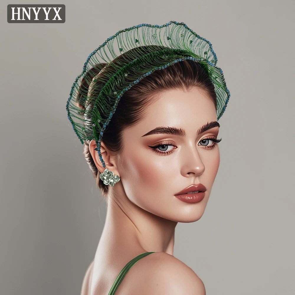 

HNYYX Wide Crystal Beaded Headbands Green Elegant Hair Accessories for Women Shiny Luxury Hair Hoop A26