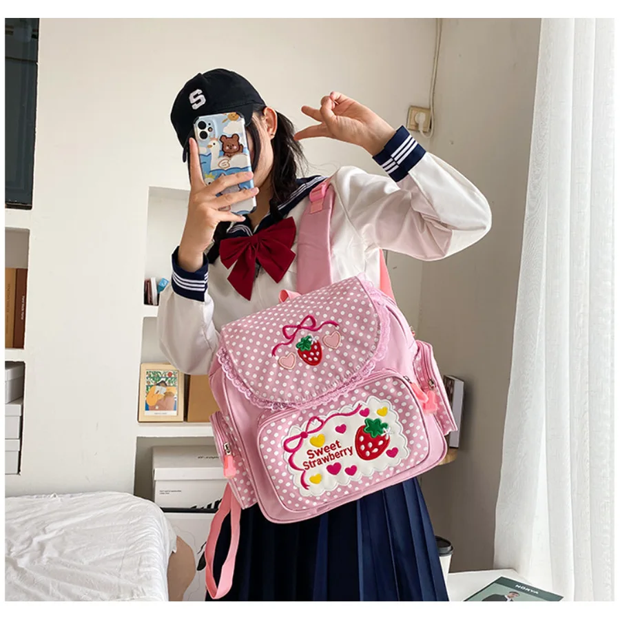 Pink Girl Embroidery Cute Strawberry Children\'s Schoolbag Student Gift Multi-Pocket Nylon Fashion College for Teenager Girl