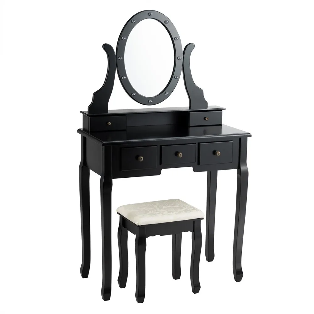 Bedroom Vanity Set Makeup Dressing Table 12 LED Mirror&5 Drawers Black