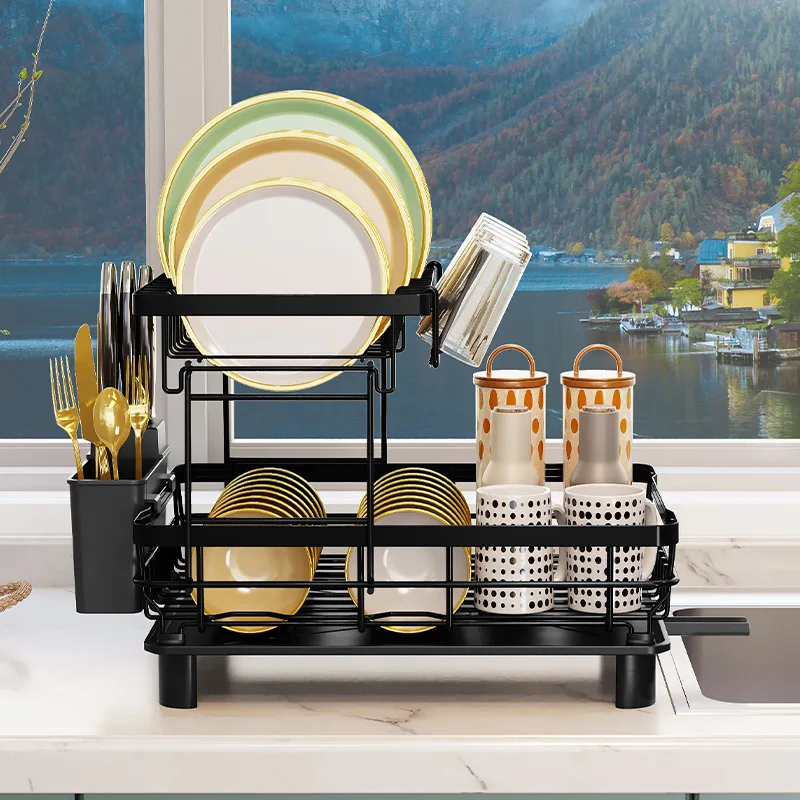 

2-layer bowl and dish drying rack suitable for kitchen counter metal bowl and dish drain with knife cup tableware rack