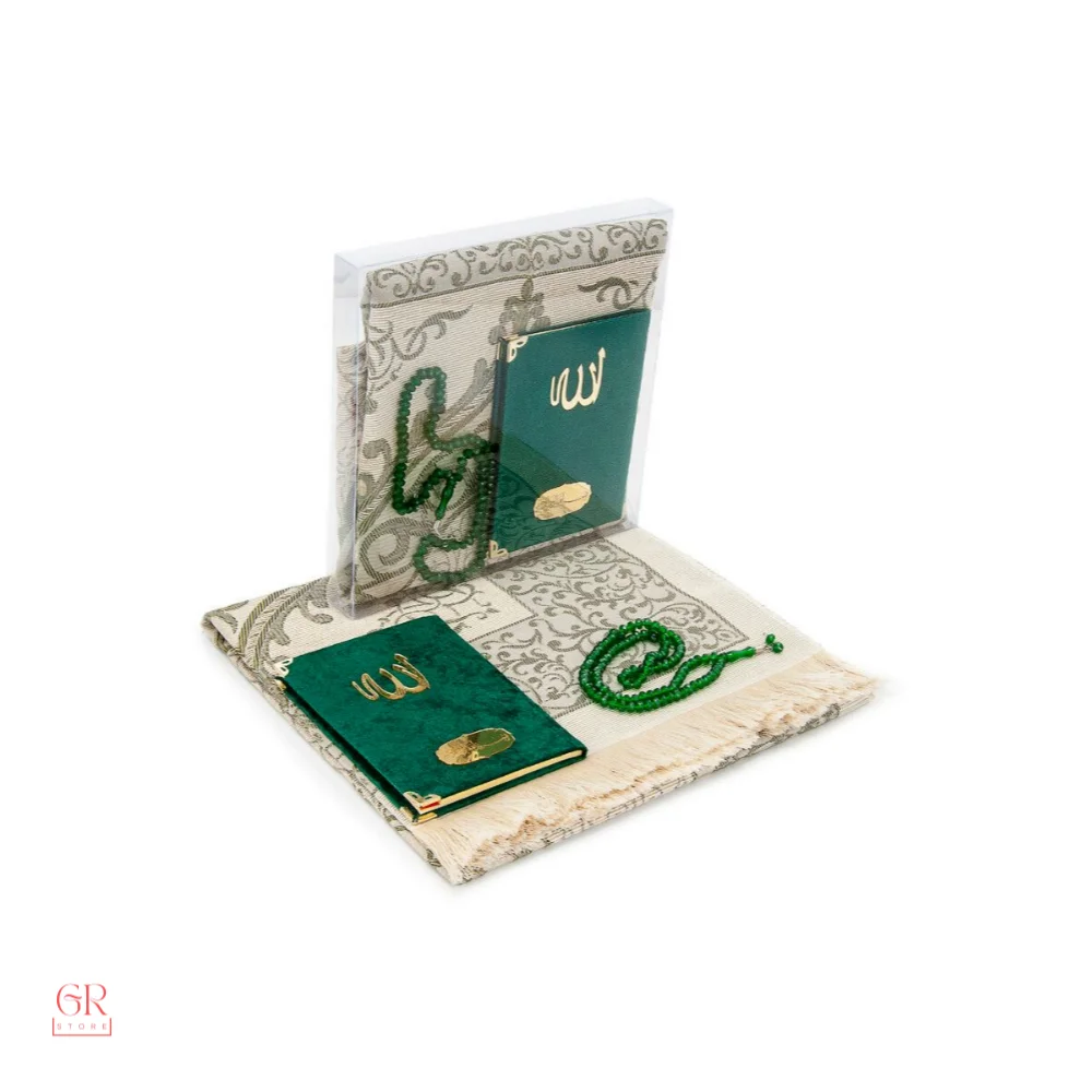 Bag Size Velvet Green Prayer Rug Set Prayer Rug, Rosary, the gift book of yasin