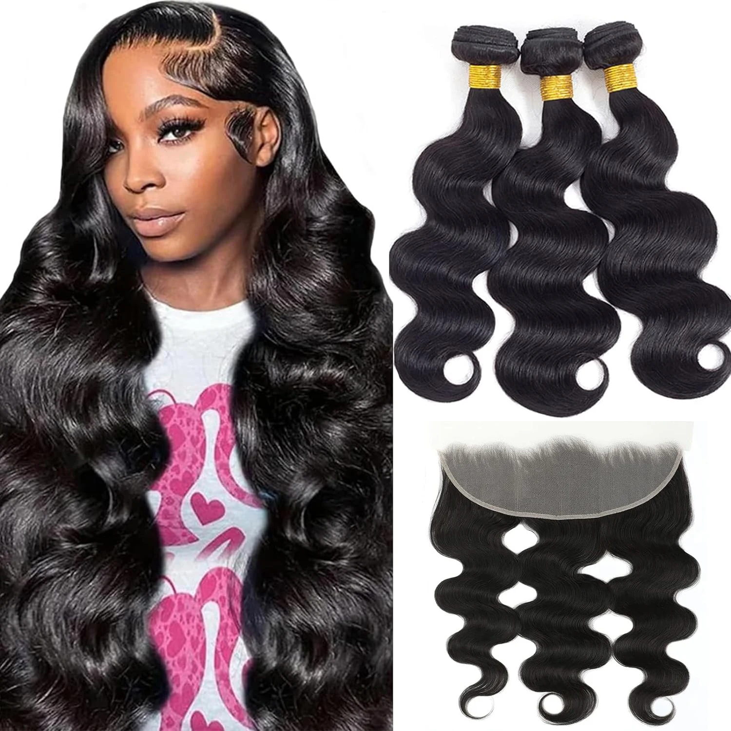 3 zestawy z koronką 13x4 z przodu Body Wave 100% nieprzetworzone brazylijskie pasma dziewiczych ludzkich włosów z przednią wolną częścią Natural 1B