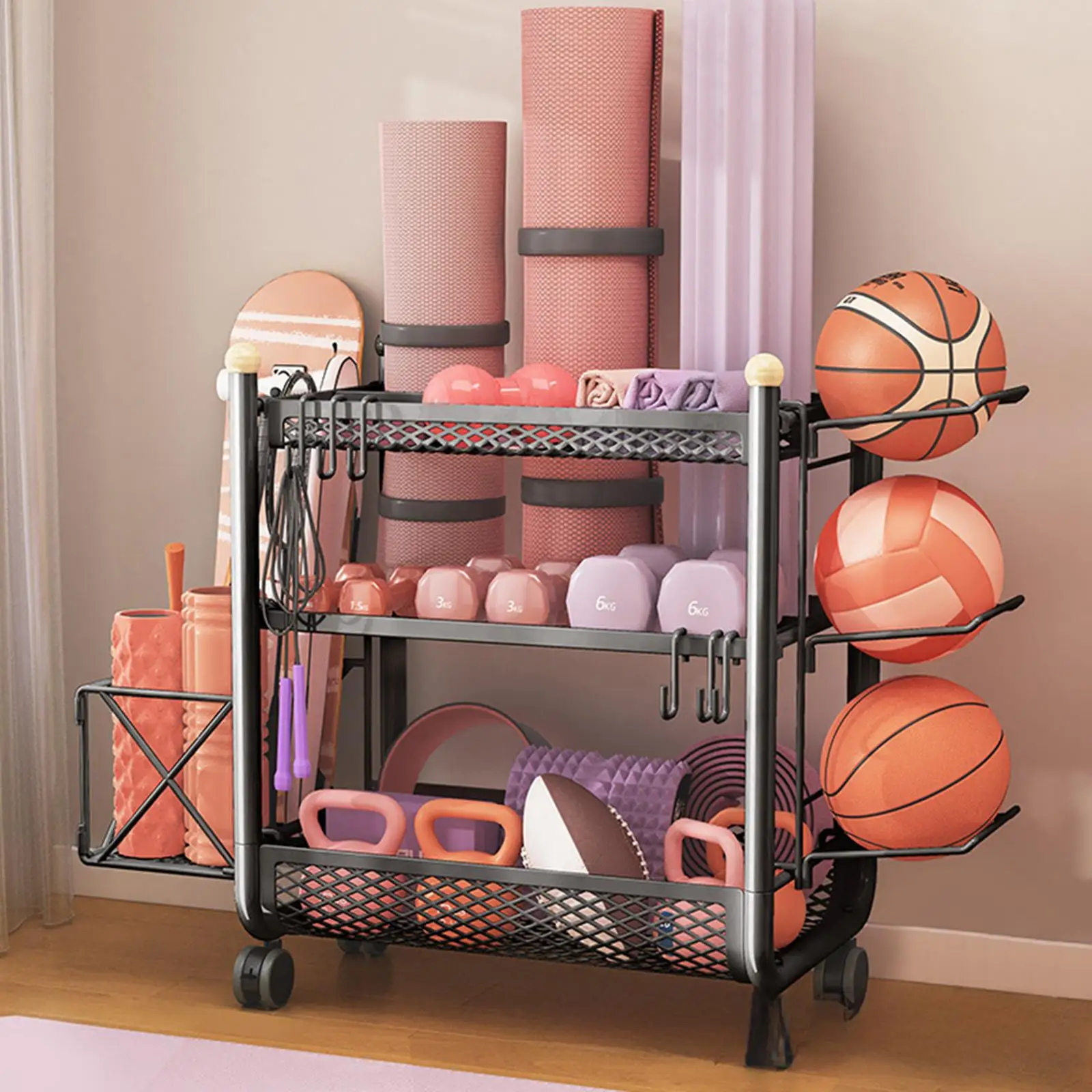 Sports Equipment Organizer Vertical Basketball Stand Rolling Ball Storage Rack for Resistance Band Kettlebell Football Badminton