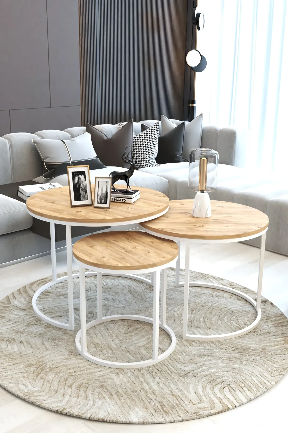 Luxury 3-piece Wood Center Table Modern White Metal (Atlantic Pine-White-Rivoli) Living Room Lounge Service Coffee Table Scandinavian Stylish Design