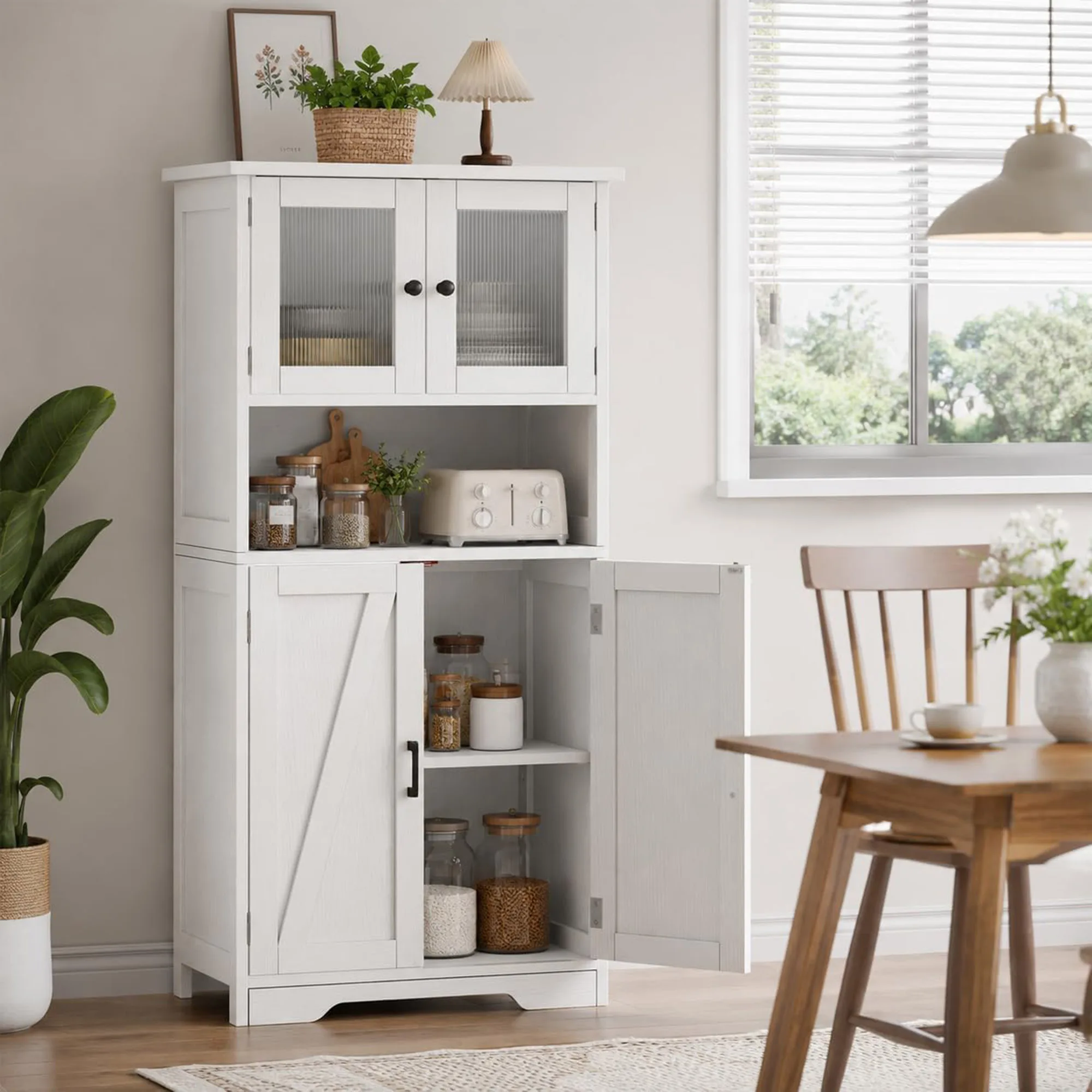 HiMISS Armoire de cuisine rustique, armoire de rangement autoportante avec 4 portes et étagères réglables, armoire de garde-manger autoportante pour cuisine, salon, salle à manger 60x30x128cm