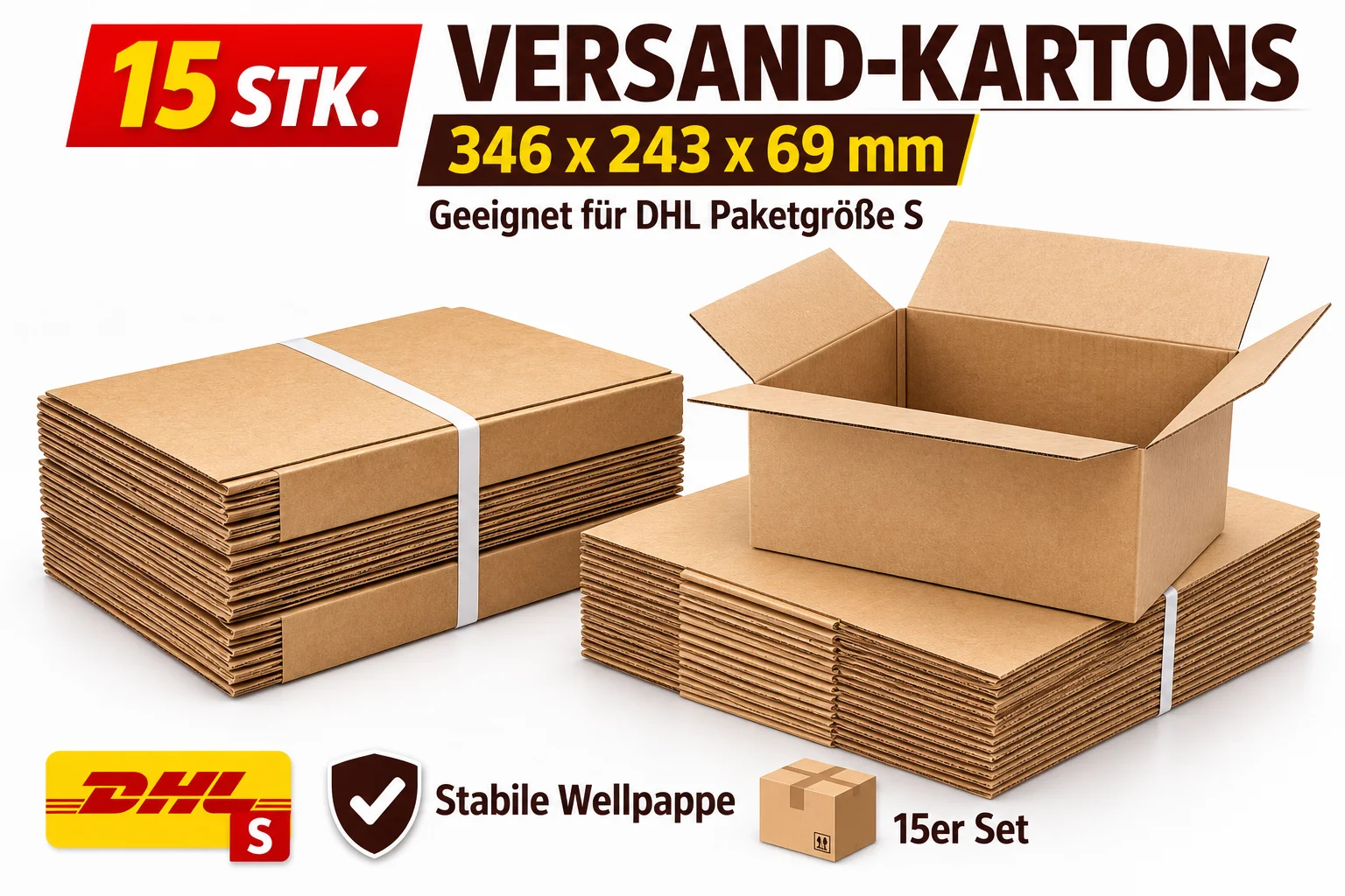 15 Versandkartons 346 × 243 × 69 mm – Braune Faltkartons aus Wellpappe – Passend für DHL S