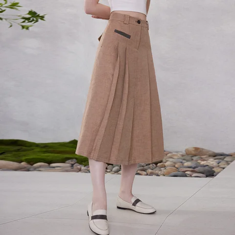 K2118W Luxury 100% Linen Skirt Women's High End Pleated Midi Skirts Designer Chic Office Lady Skirt