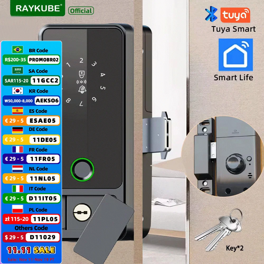 New RAYKUBE G18 Tuya Bluetooth Smart Glass Lock Fingerprint Electronic Digital Lock APP/IC Card/Password Unlock For Glass Door
