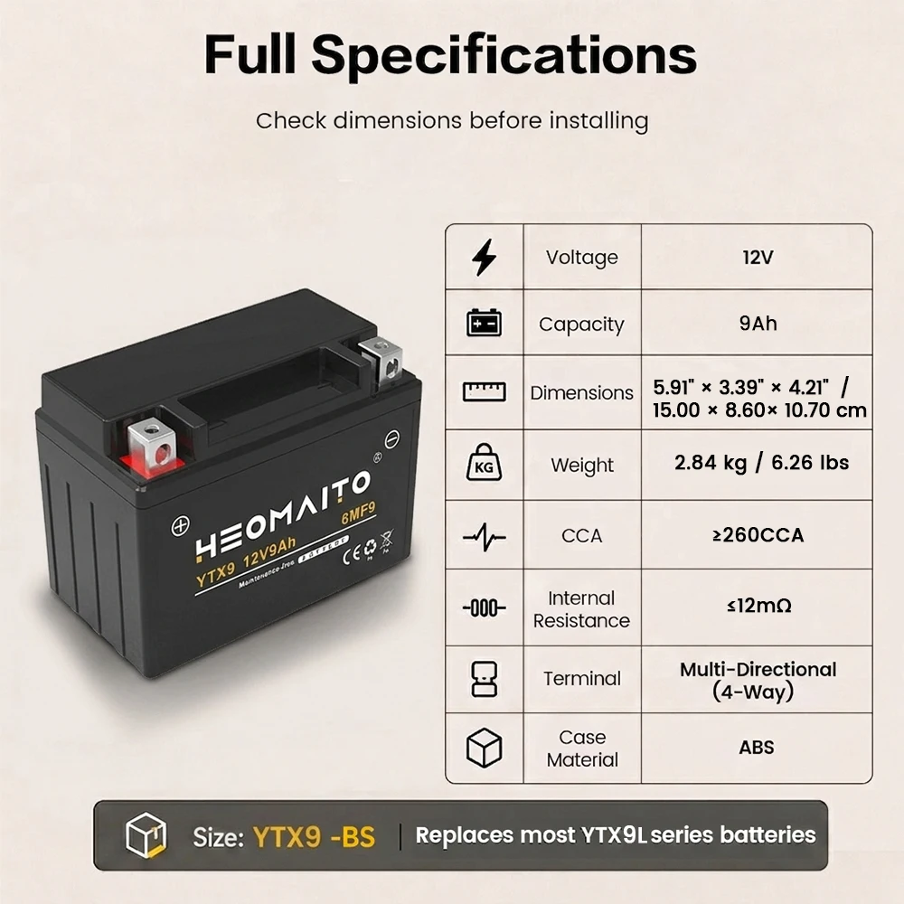YTX9-BS 260 CCA Motorcycle Battery, 12V 9Ah Rechargeable Powersports Battery for Compatible Motorcycle, ATVs, UTVs and Scooters, Maintenance Free Battery with Sealed Lead Acid Design, ABS Case