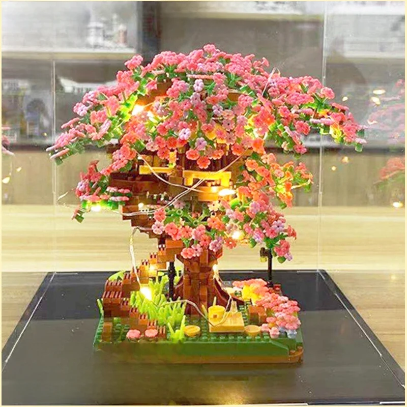 Kersenbonsaai Boom Bouwstenen Set DIY Sakura Bloesem Planten Bakstenen met Licht Boomhut Model Romantisch Cadeau voor vriendin - afbeelding 2