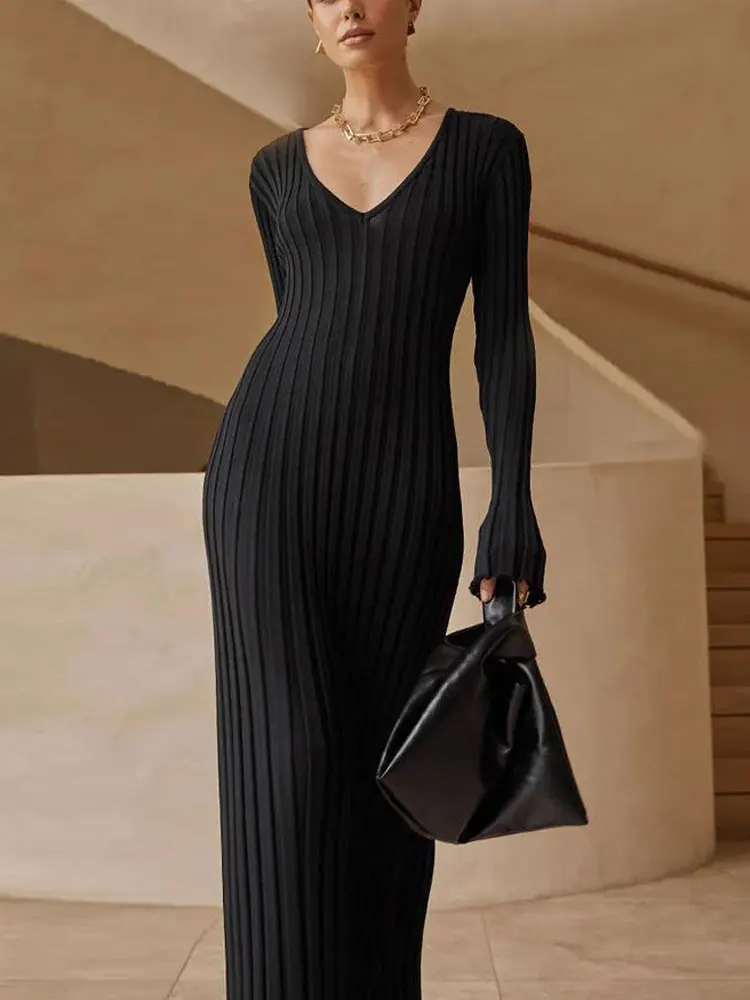 Winter Fashion Knitted V-neck White Dress Casual Lace Up Long Sleeve Elegant Bandage Curvy Dresses Loose Black Street Party New