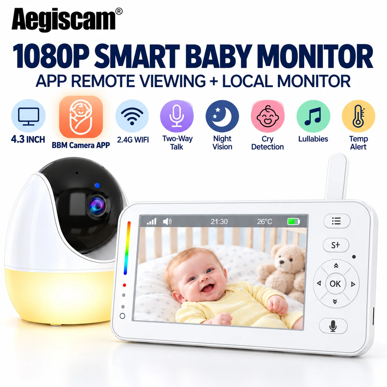Moniteur pour bébé WiFi HD 1080P, écran 4,3 pouces, caméra vidéo, fonction VOX, vision nocturne infrarouge, fonction berceuse, capteur de température ambiante, application mobile, surveillance à distance, surveillance de la sécurité à domicile pour la nur