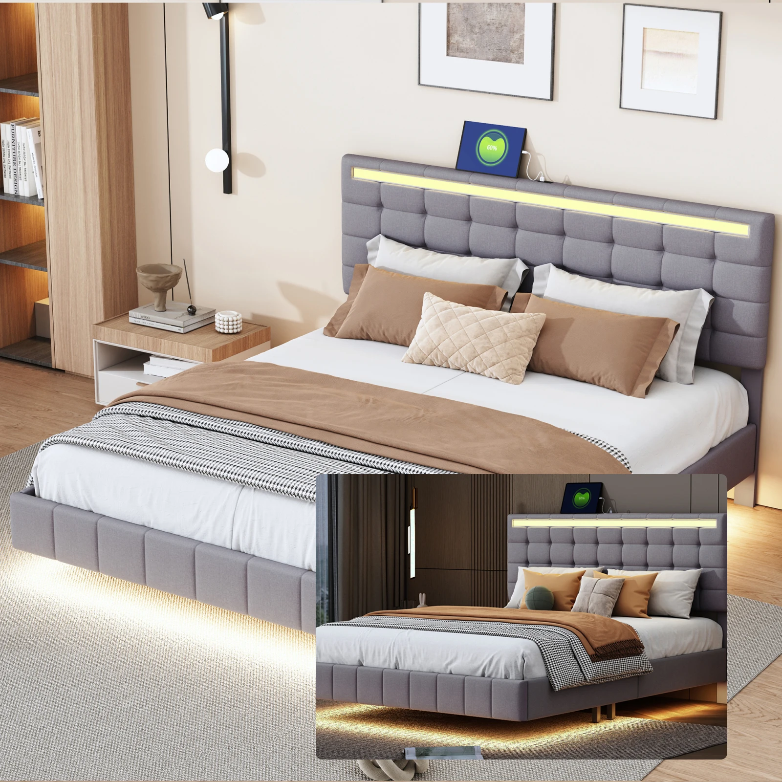 Upholstery bed 160x200 double bed, suspended bed with LED lighting and 2 USB, bed frame with slatted frame, flat double bed