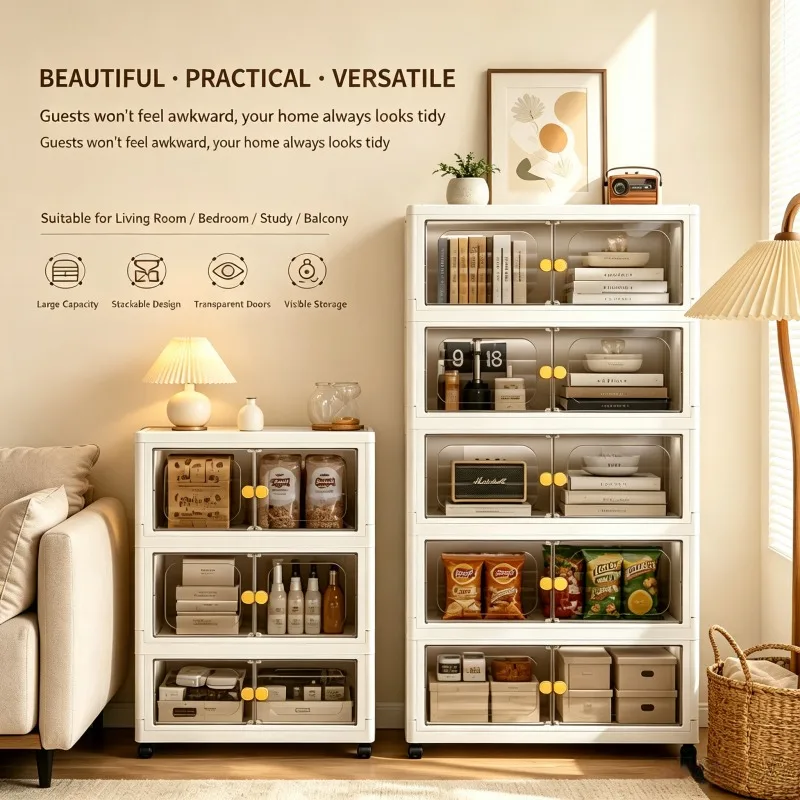 2/3/4/5/6Tier Cream White Foldable Stackable Storage Cabinet, No Assembly Collapsible Slim Narrow Plastic Storage Chest with Clear Transparent Double Doors & Golden Round Pull Handles, Lockable 360° Rolling Casters Side Connection Buckles Dustproof Visibl