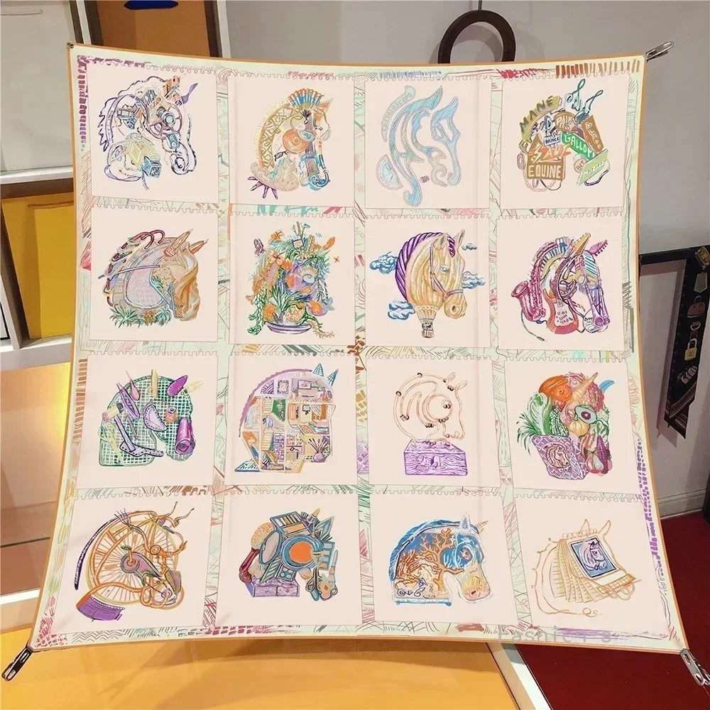 1PC 90Cm sergé nouveau cheval prisme femmes châle décoratif grand foulard carré foulard cadre peinture foulard en soie en gros