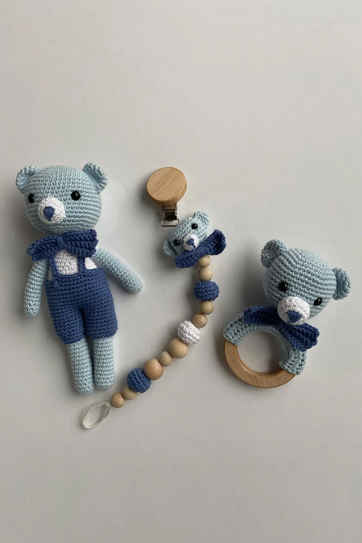 Handmade Teddy Bear Set Amigurumi Toy 22 cm Rattle and Pacifier Chain Triple Set