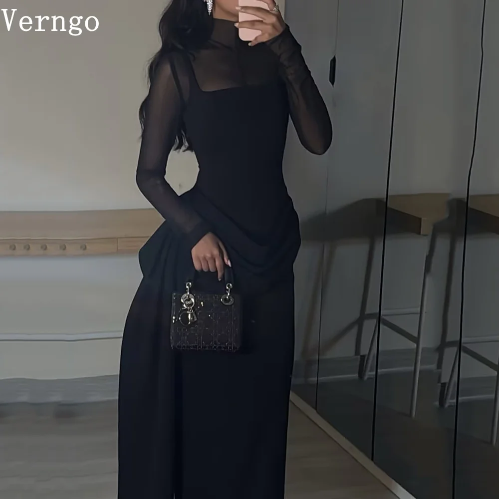 

Verngo Sexy Black Chiffon Evening Dress High Neck Full Sleeves A Line Side Slit Party Gown Modest Prom Dress Customized