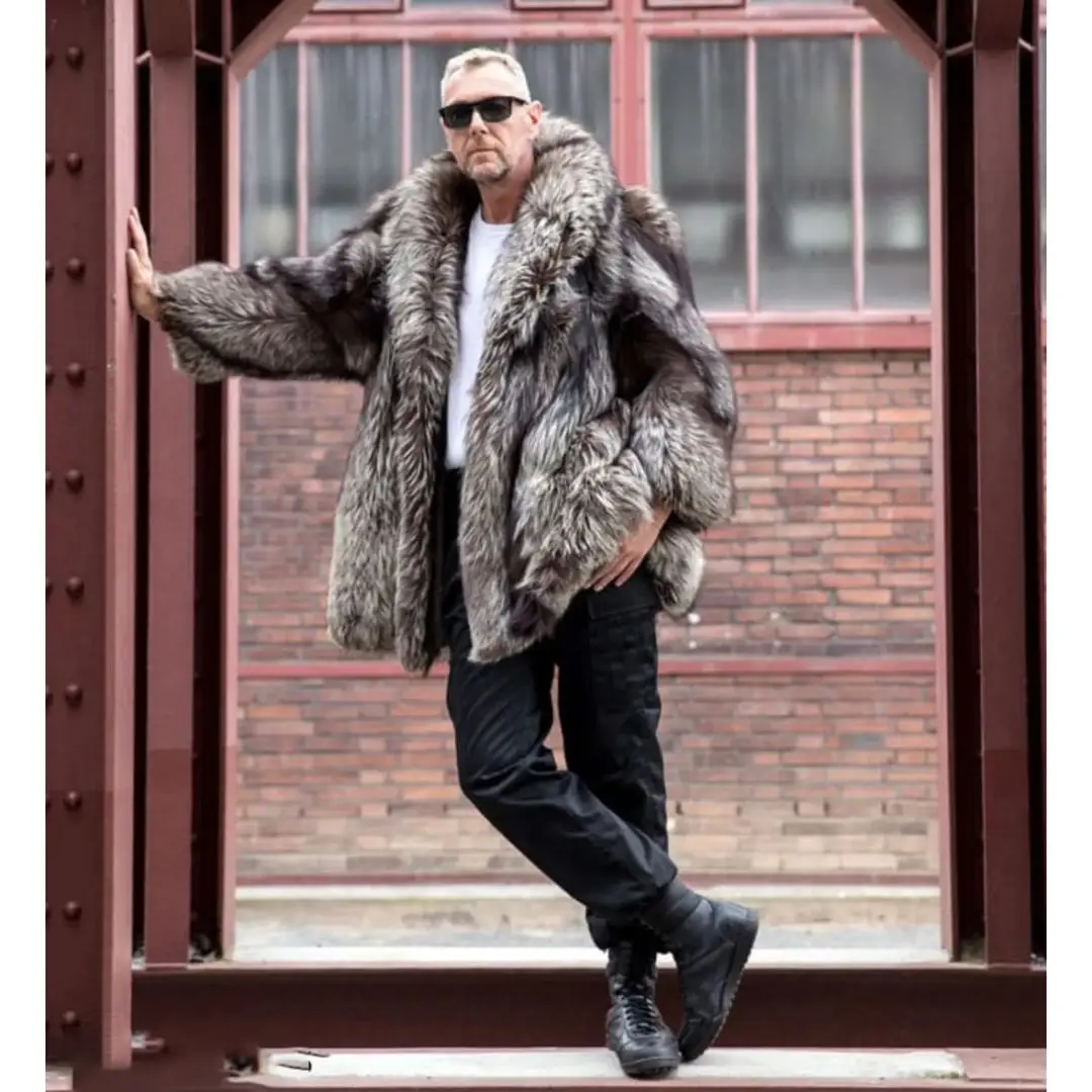 Long Real Silver Fox Fur Coat with Lapel Collar High Quality Wholeskin Genuine Silver Fox Fur Jacket Full Pelt Fur Overcoat Man