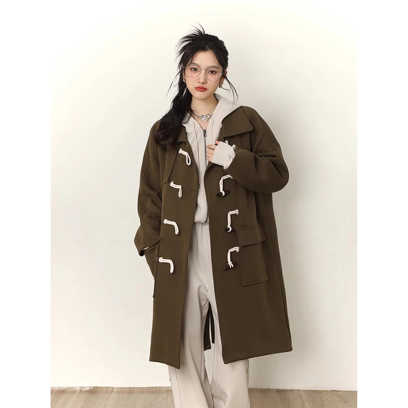 

Korean Style Thickened Woolen Coat Women Autumn and Winter High Sense Retro Mid Length Horn Buckle Woolen Jacket