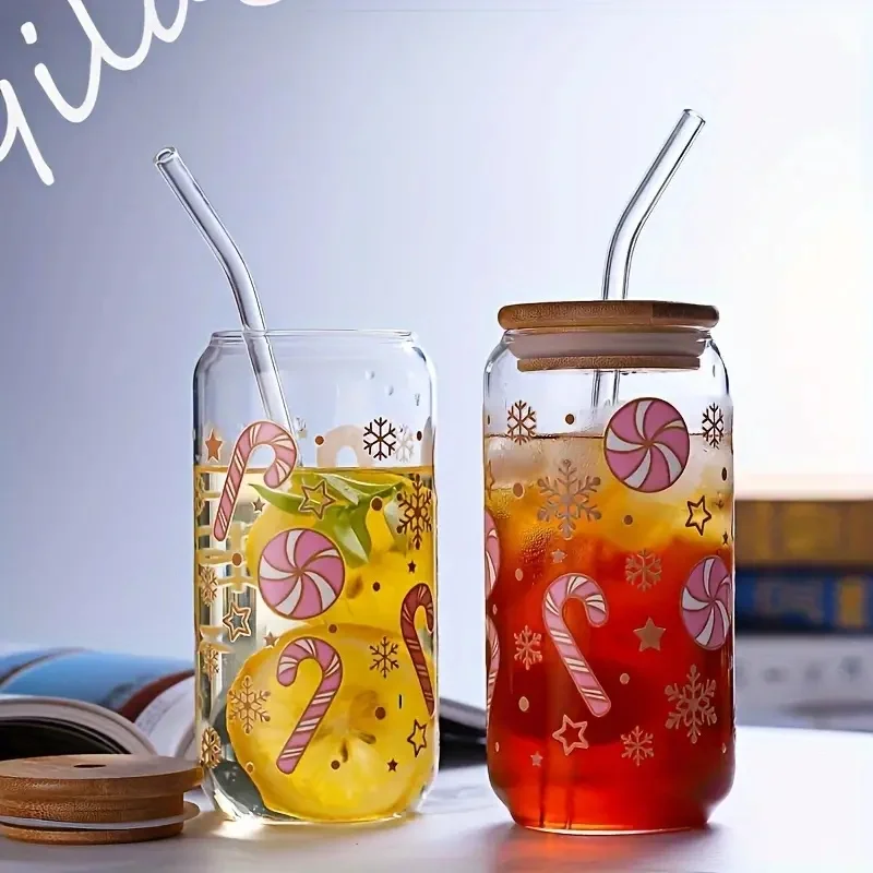 4-piece set of 18.6 oz/550ml Christmas windmill glass with lid and straw, Mason jar water cup, home office cup, tea, cola, milk