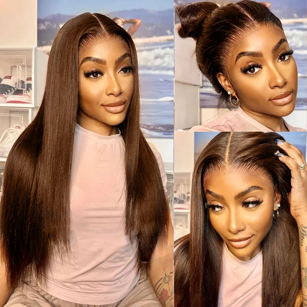 Invisi Strap 360 Full Lace Glueless Wig Chocolate Brown Colored Lace Frontal Wig 250 Density Straight Lace Front Human Hair Wig