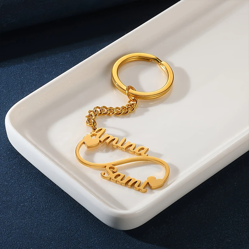 

Custom Infinite Love Keychain Personalized Stainless Steel Name Keyring With 4mm Cuban Chain Women's Jewelry Girlfriend Gift