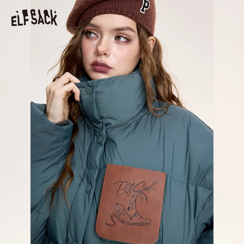 ELFSACK 2024 Nuovi arrivi invernali Retro casual colletto alla coreana caldo piumino spesso da donna