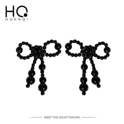 HUANQI 2021 New Handmade Transparent Acrylic Beaded Bowknot Clear Crystal Stud Earrings for Women  Party Jewelry Gifts