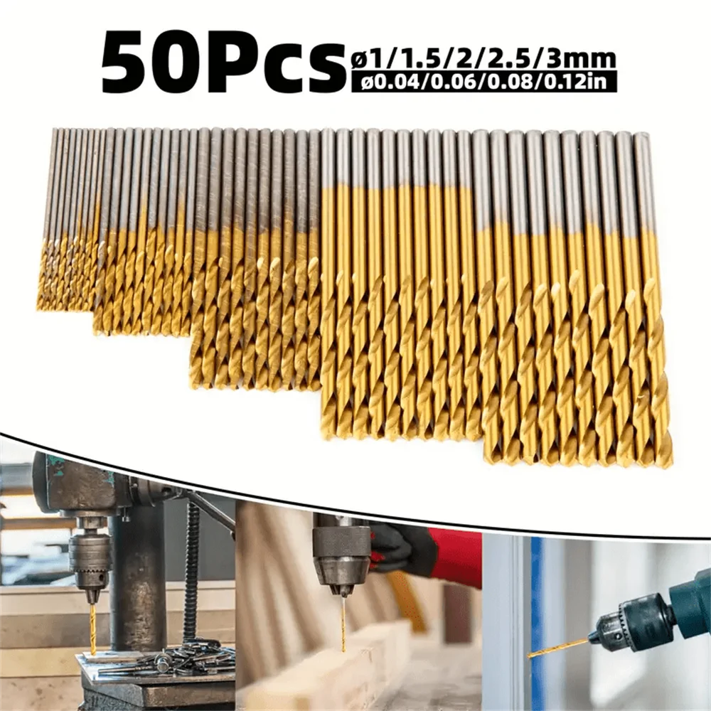 50/100pc Twist Drill Bit Set,1/1.5/2/2.5/3mm,DIY Woodwork Tools Drilling Hole,Round Shank Titanium Mini Drill Bit for Metal,Wood