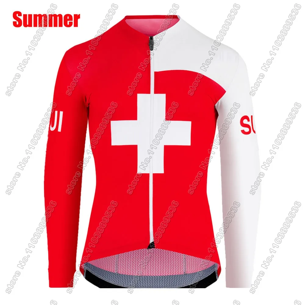 2024 Swiss Team Cycling Jersey Long Sleeve Switzerland Red Clothing Road Race Bike Jacket Suit MTB Ropa Maillot