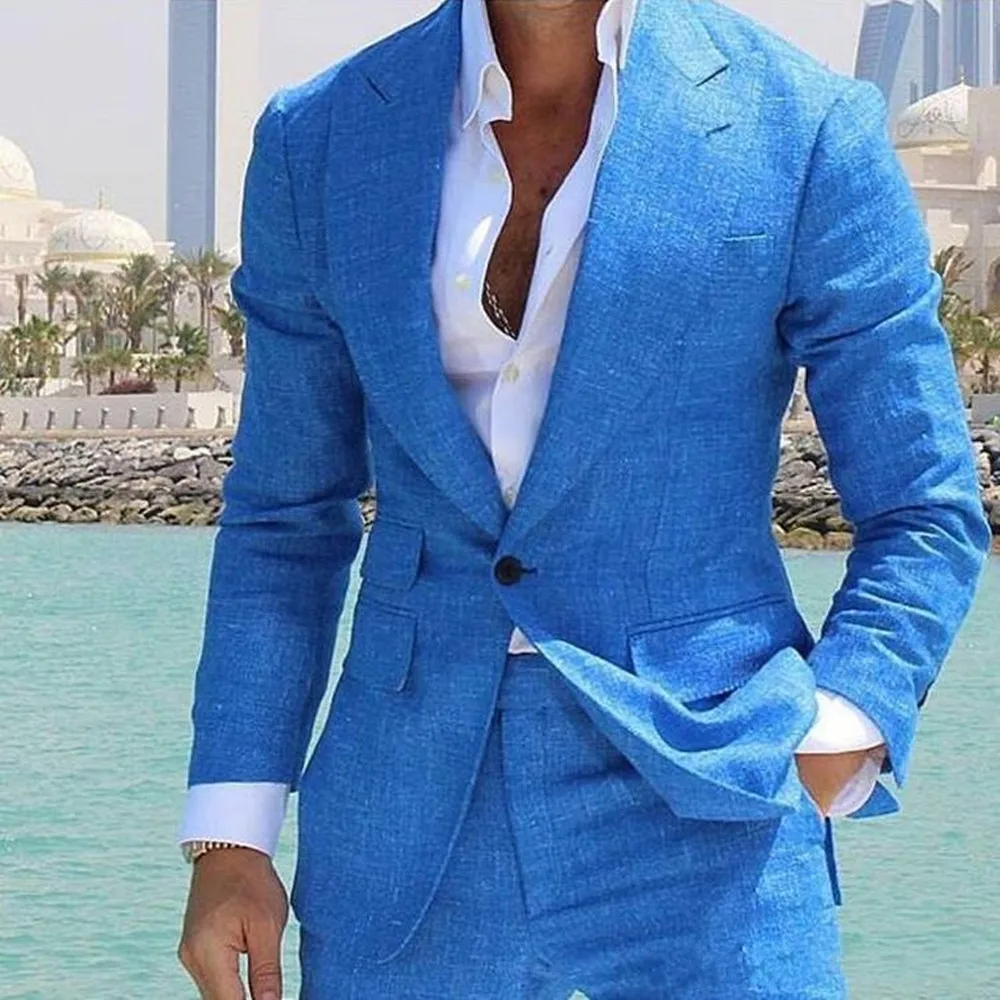 

Costume Summer Linen Blue Beach Wedding Tuxedos Peaked Lapel One Button Groom Wear Formal Best Man Blazer Suits (Jacket+Pants)