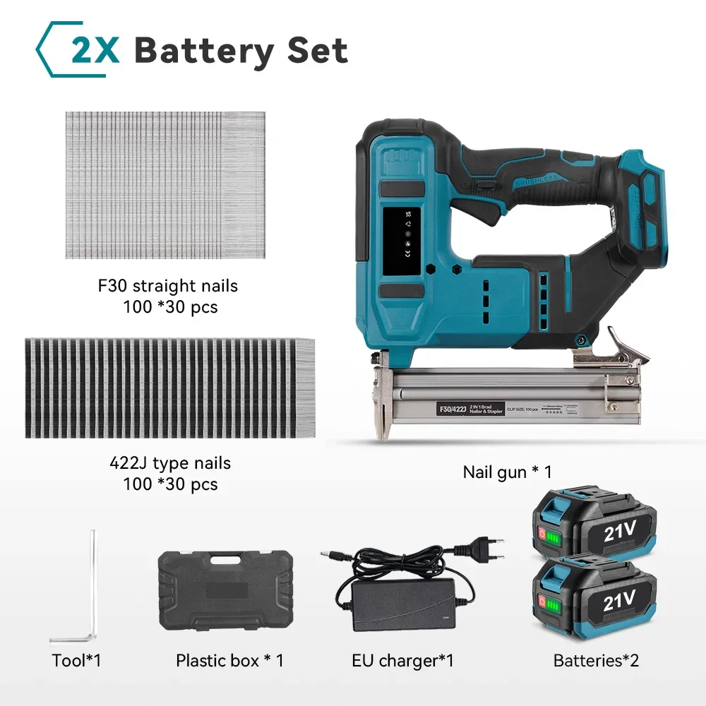 2-in-1 Bürstenloser Elektrischer Nagler Max. 30mm Rahmenbaunagler & Tacker Kommt mit 3000 geraden Nägeln + 3000 U-Klammern + 2 Batterien 1 Ladegerät