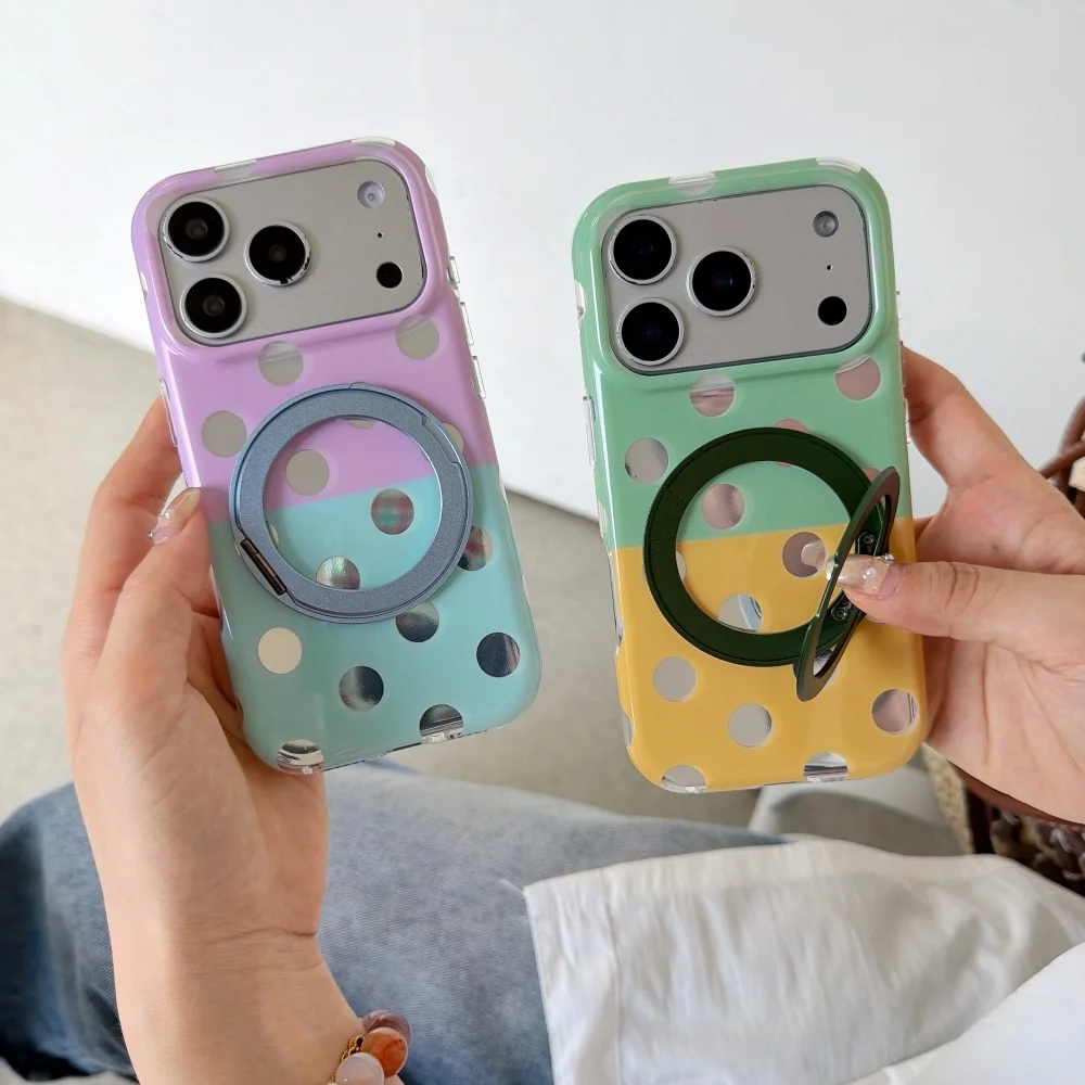 

Korean Ins Color Block Dot Phone Case for iPhone 17 Pro 16 Max 15 16 17 Promax 15 Pro Luxury Shockproof Case with Magnetic Stand