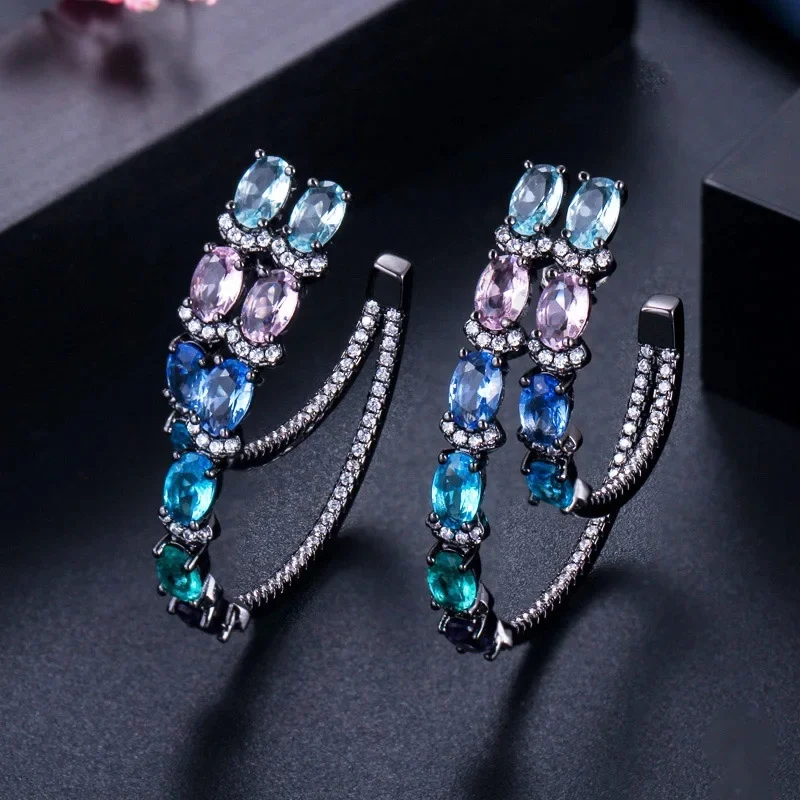 CWWZircons nowy projektant biżuterii 2 warstwy koło czarny złoty kolor Multi Blue CZ kryształ duża okrągła obręcz kolczyki dla kobiet CZ560 — zdjęcie 2
